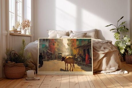 Paul Sinus Wandbild 120x80cm Varanasi Strassenszene Indien Kunstmotiv Traditionelle Stadtlandschaft mit Kuh