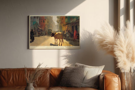 Paul Sinus Wandbild 120x80cm Varanasi Strassenszene Indien Kunstmotiv Traditionelle Stadtlandschaft mit Kuh