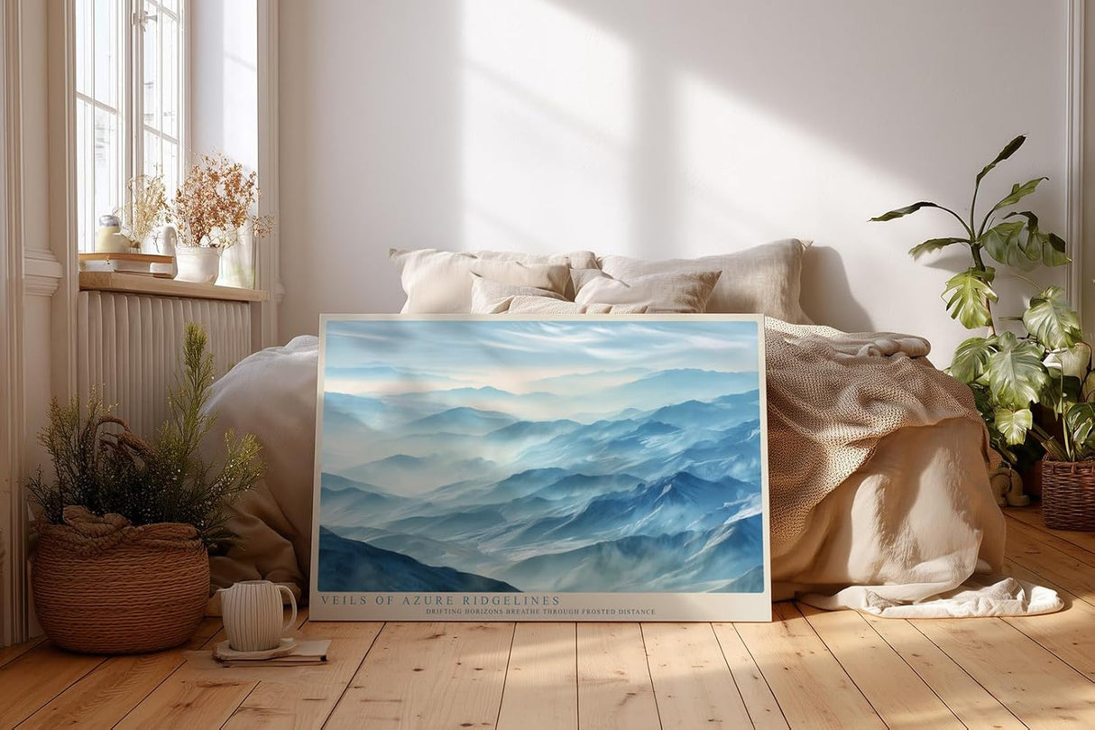 Paul Sinus Wandbild 120x80cm Veils of Azure Ridgelines Blaue Berglandschaft mit Nebel Moderne Natur Kunst fuer Wohnzimmer Schlafzimmer und Büro