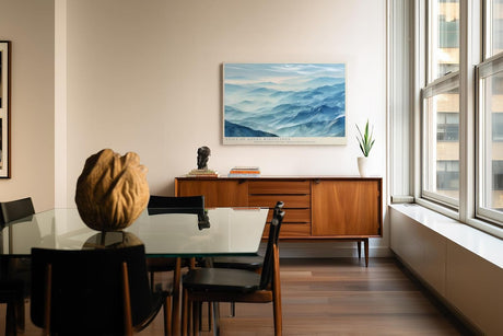 Paul Sinus Wandbild 120x80cm Veils of Azure Ridgelines Blaue Berglandschaft mit Nebel Moderne Natur Kunst fuer Wohnzimmer Schlafzimmer und Büro