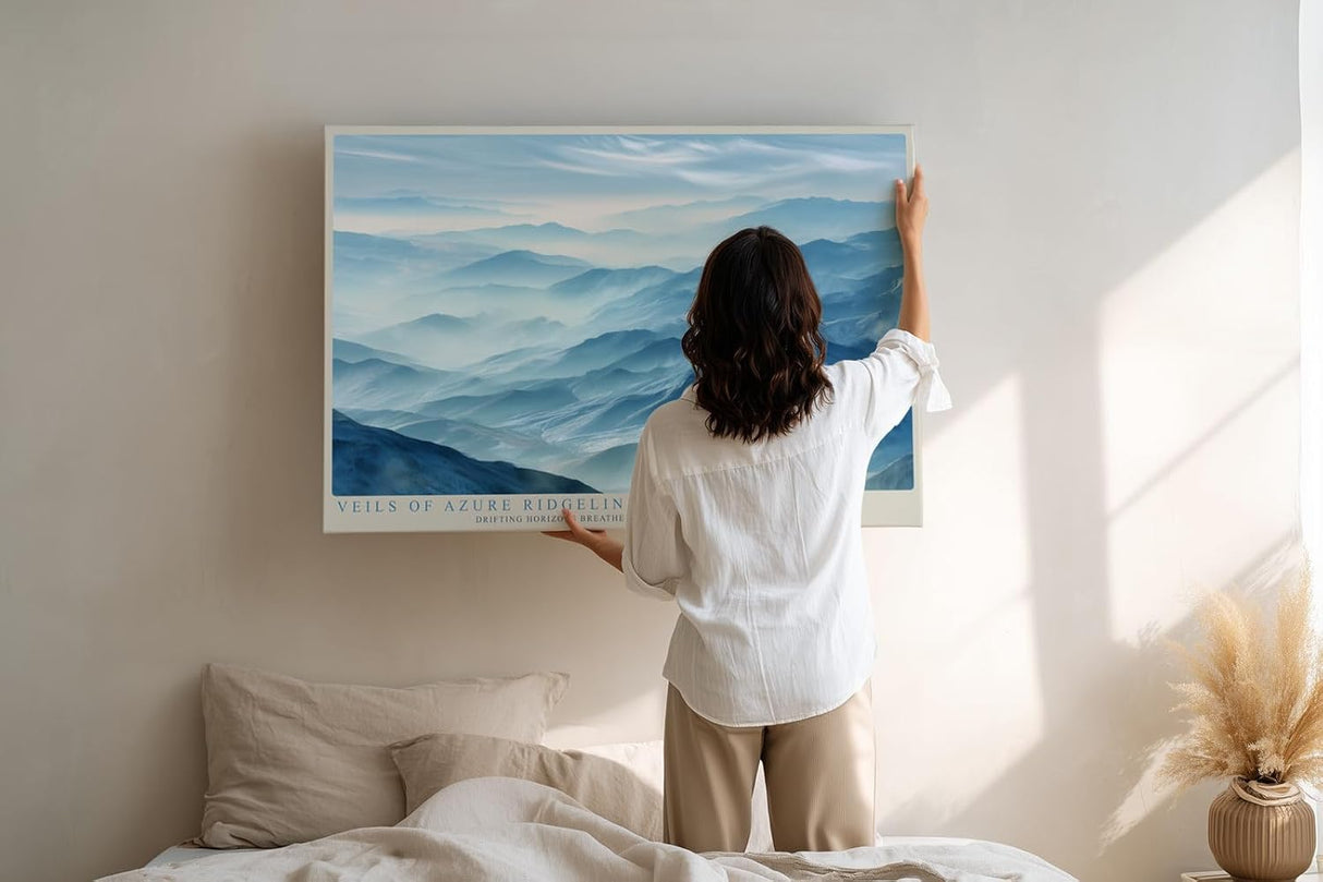 Paul Sinus Wandbild 120x80cm Veils of Azure Ridgelines Blaue Berglandschaft mit Nebel Moderne Natur Kunst fuer Wohnzimmer Schlafzimmer und Büro