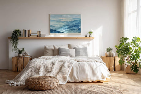 Paul Sinus Wandbild 120x80cm Veils of Azure Ridgelines Blaue Berglandschaft mit Nebel Moderne Natur Kunst fuer Wohnzimmer Schlafzimmer und Büro