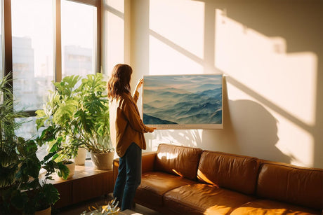 Paul Sinus Wandbild 120x80cm Veils of Azure Ridgelines Blaue Berglandschaft mit Nebel Moderne Natur Kunst fuer Wohnzimmer Schlafzimmer und Büro