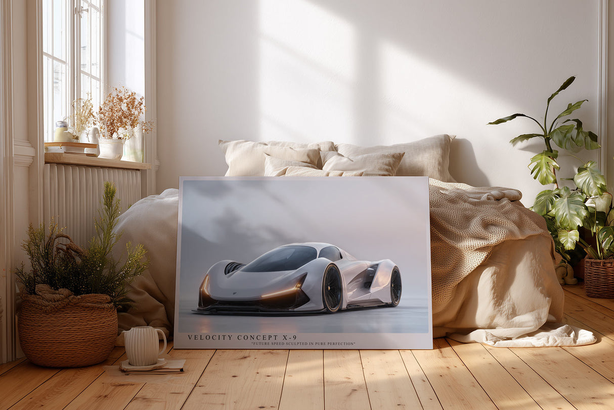 Paul Sinus Wandbild Velocity Concept X-9 futuristisches Supersportwagen Motiv in minimalistischer Ästhetik und klarer Linienführung