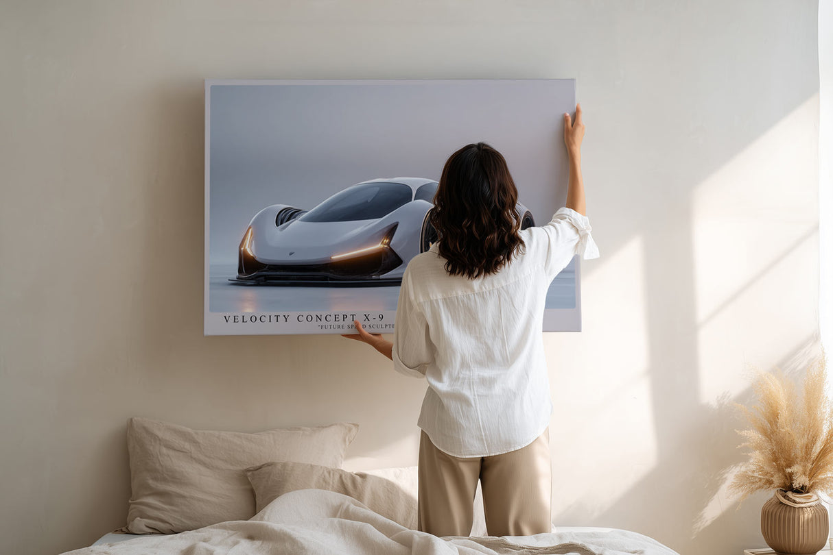 Paul Sinus Wandbild Velocity Concept X-9 futuristisches Supersportwagen Motiv in minimalistischer Ästhetik und klarer Linienführung
