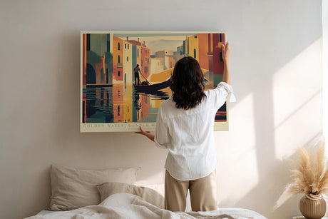 Paul Sinus Wandbild 120x80cm Venedig Gondel bei goldener Wasserreflexion moderne Stadtillustration stilvolle Wanddekoration