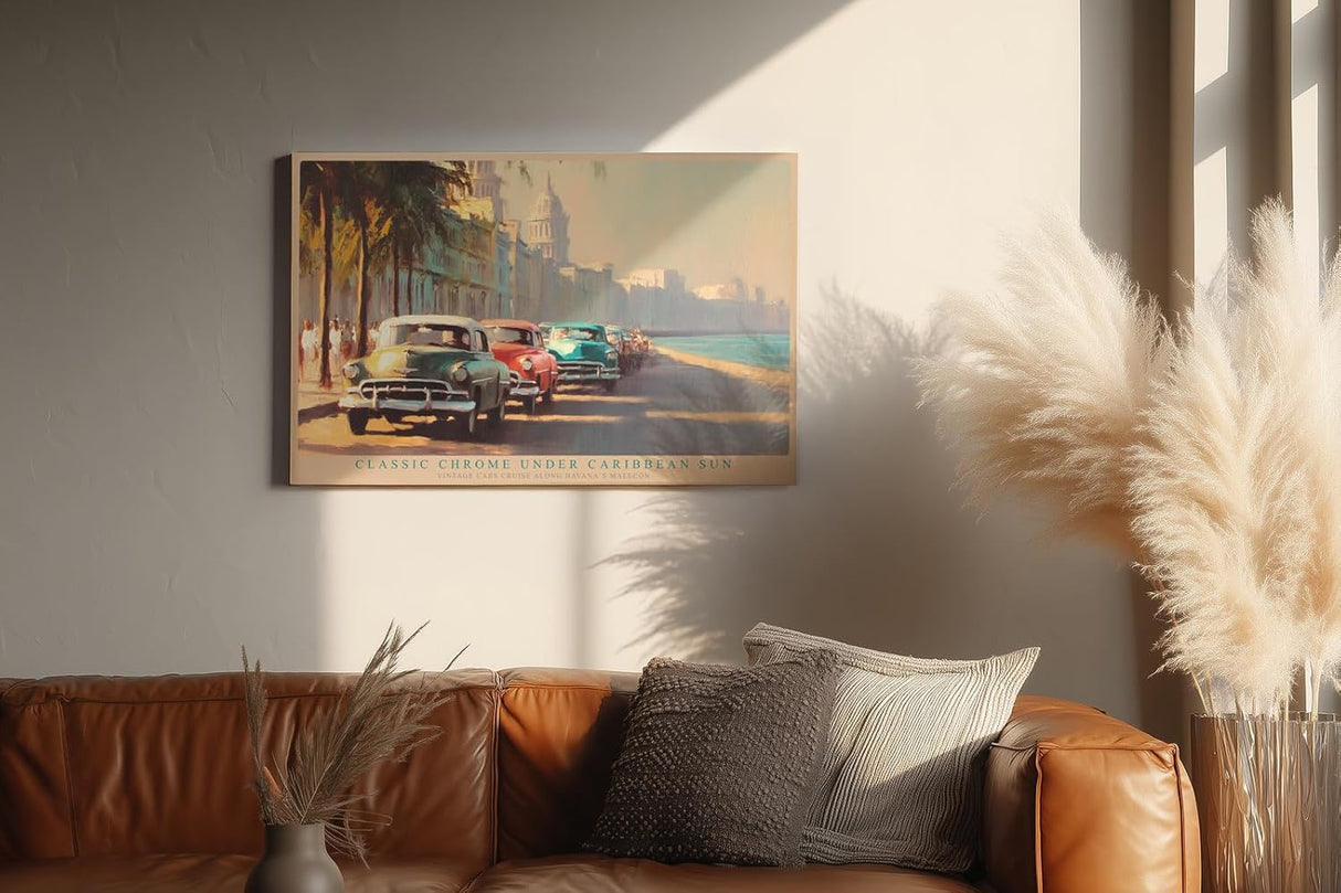 Paul Sinus Wandbild 120x80cm Vintage Autos Havanna Malecon Karibik Stadt Kunst Wanddekoration Kuba Retro Motiv Wohnzimmer
