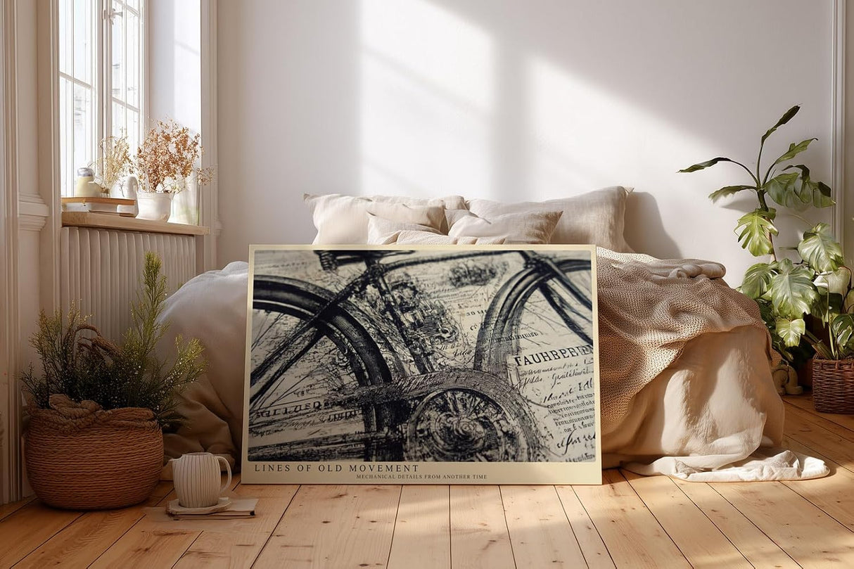 Paul Sinus Wandbild 120x80cm Vintage Fahrrad Illustration schwarz weiss technische Zeichnung Kunstdruck grosses Retro Kunstbild stilvolle Wanddekoration fuer Wohnzimmer Büro Werkstatt