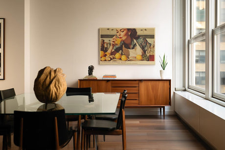 Paul Sinus Wandbild 120x80cm Vintage Kuechenmotiv Frau mit Zitronen Retro Sommer Szene warme Farben Leinwand Wanddekoration fuer Kueche Esszimmer Bar