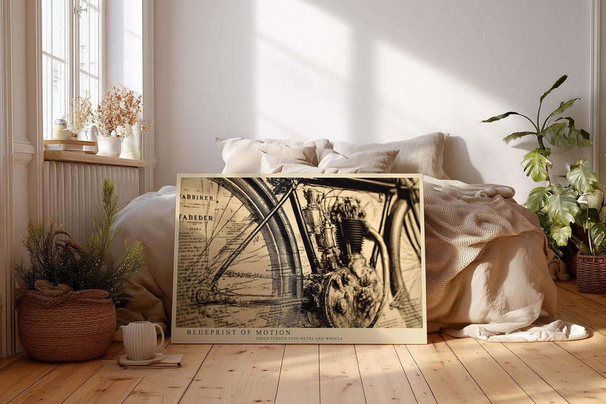 Paul Sinus Wandbild 120x80cm Vintage Motorrad Illustration technische Zeichnung Retro Maschinenkunst Wanddekoration fuer Wohnzimmer Büro Werkstatt