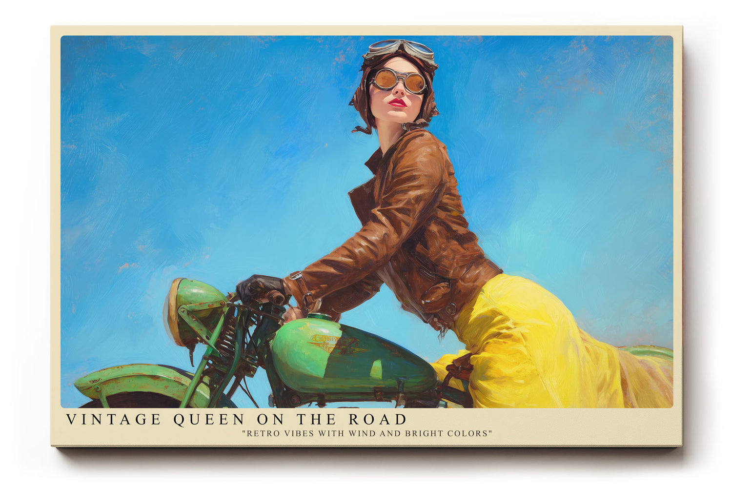Paul Sinus Wandbild Vintage Queen on the Road – stilvolle Retro-Szene einer Frau auf Motorrad mit Sonne, Wind und Freiheit im Blick