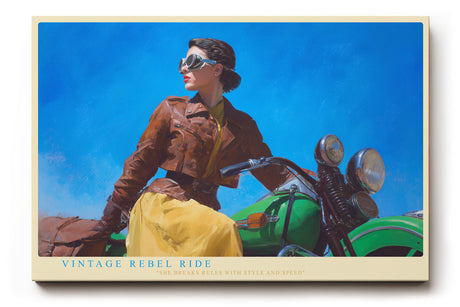 Paul Sinus Wandbild Vintage Rebel Ride – stilvolle Frau auf grünem Motorrad verkörpert Freiheit, Stärke und Retro-Charme