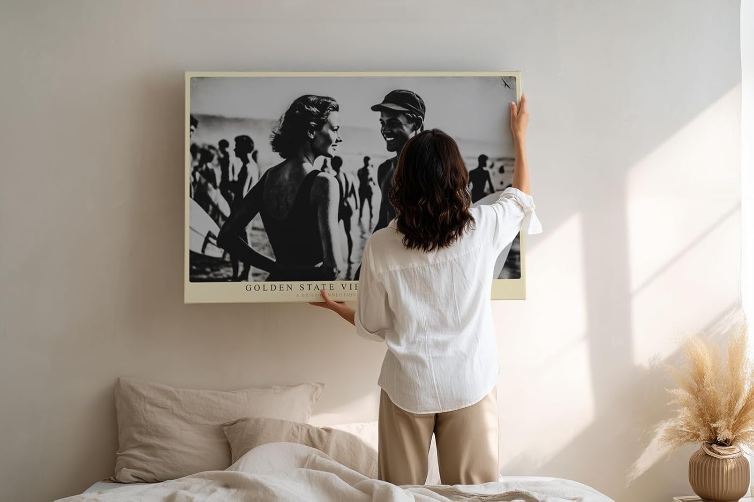 Paul Sinus Wandbild 120x80cm Vintage Strand Szene mit Surfern Schwarz Weiss Fotografie Sommer Lifestyle Wanddekoration