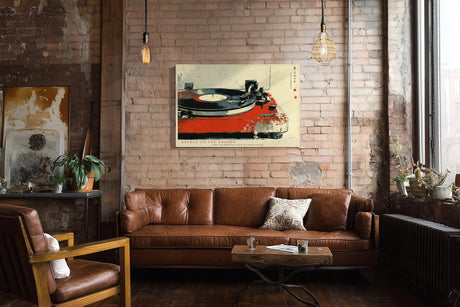 Paul Sinus Wandbild 120x80cm Vinyl Plattenspieler Retro Musik Kunst rot schwarz Vintage Stil moderne Wanddekoration fuer Wohnzimmer Musikzimmer Studio Büro