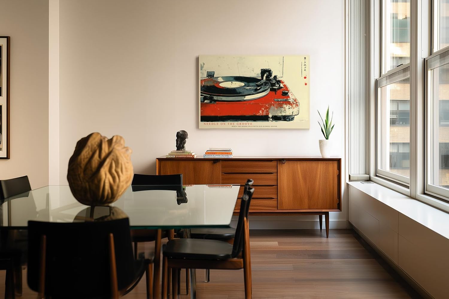 Paul Sinus Wandbild 120x80cm Vinyl Plattenspieler Retro Musik Kunst rot schwarz Vintage Stil moderne Wanddekoration fuer Wohnzimmer Musikzimmer Studio Büro