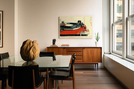 Paul Sinus Wandbild 120x80cm Vinyl Plattenspieler Retro Musik Kunst rot schwarz Vintage Stil moderne Wanddekoration fuer Wohnzimmer Musikzimmer Studio Büro