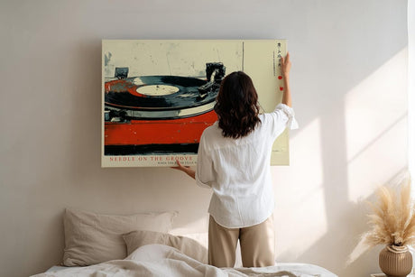 Paul Sinus Wandbild 120x80cm Vinyl Plattenspieler Retro Musik Kunst rot schwarz Vintage Stil moderne Wanddekoration fuer Wohnzimmer Musikzimmer Studio Büro
