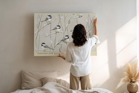 Paul Sinus Wandbild 120x80cm Voegel auf Zweigen Illustration naturfarben beige sanfte Naturkunst Kunstdruck grosses Wandbild 120x80cm stilvolle Wanddekoration fuer Wohnzimmer Flur Büro