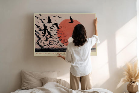 Paul Sinus Wandbild 120x80cm Voegel Schwarm Sonnenuntergang Meer moderne Landschaftskunst roter Himmel stilvolle Wanddekoration fuer Wohnzimmer Büro