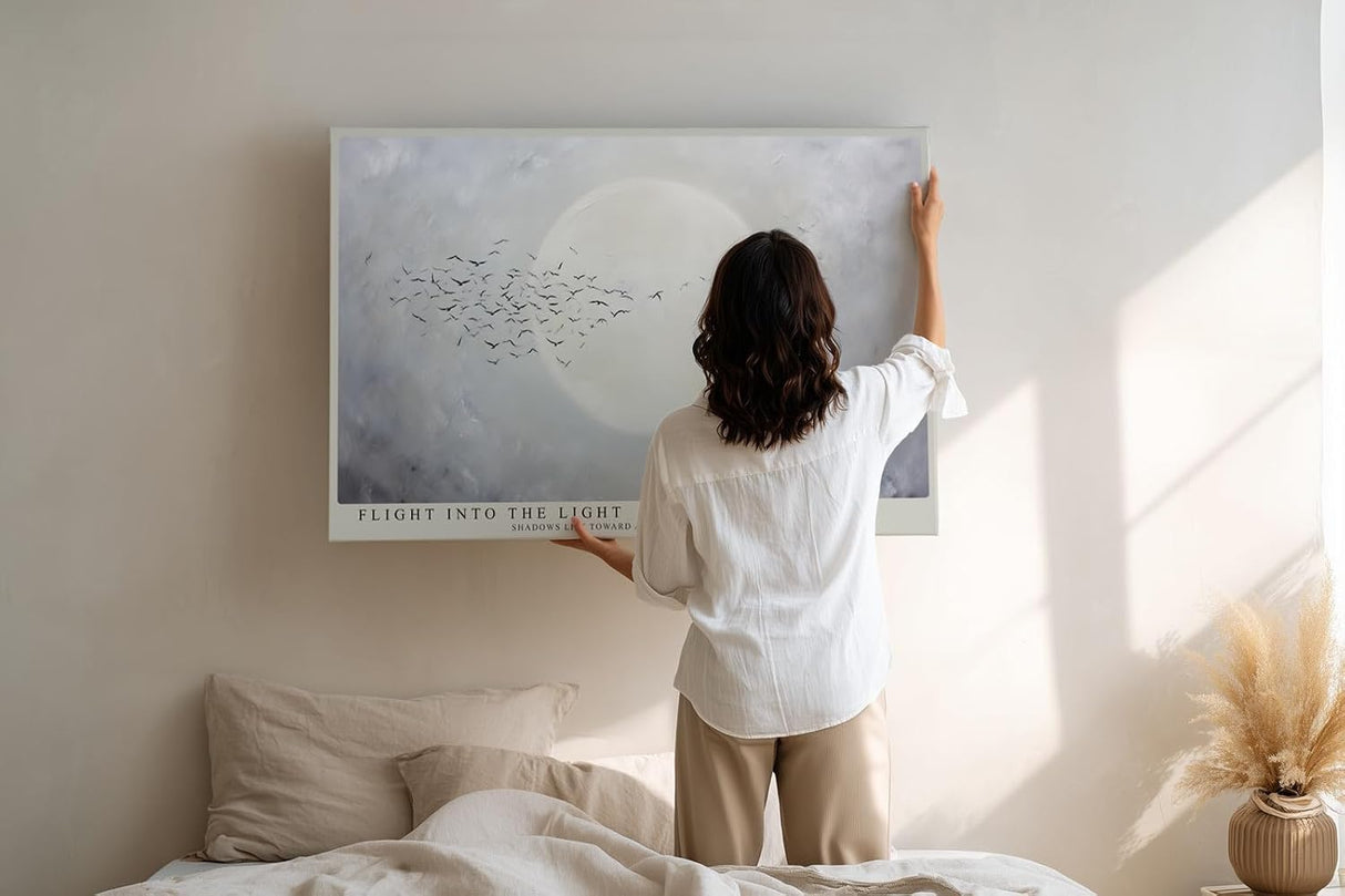 Paul Sinus Wandbild 120x80cm Voegel vor Mond minimalistische Himmelslandschaft ruhige Natur Kunst stilvolle Wanddekoration fuer Wohnzimmer Büro