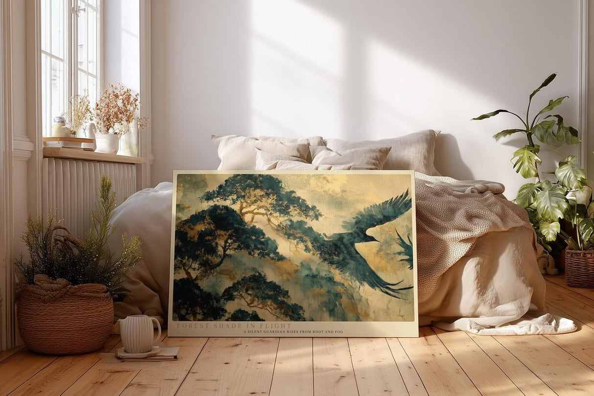 Paul Sinus Wandbild 120x80cm Vogel im Flug Asiatische Landschaft Kunstmotiv Baum und Nebel Natur Szene