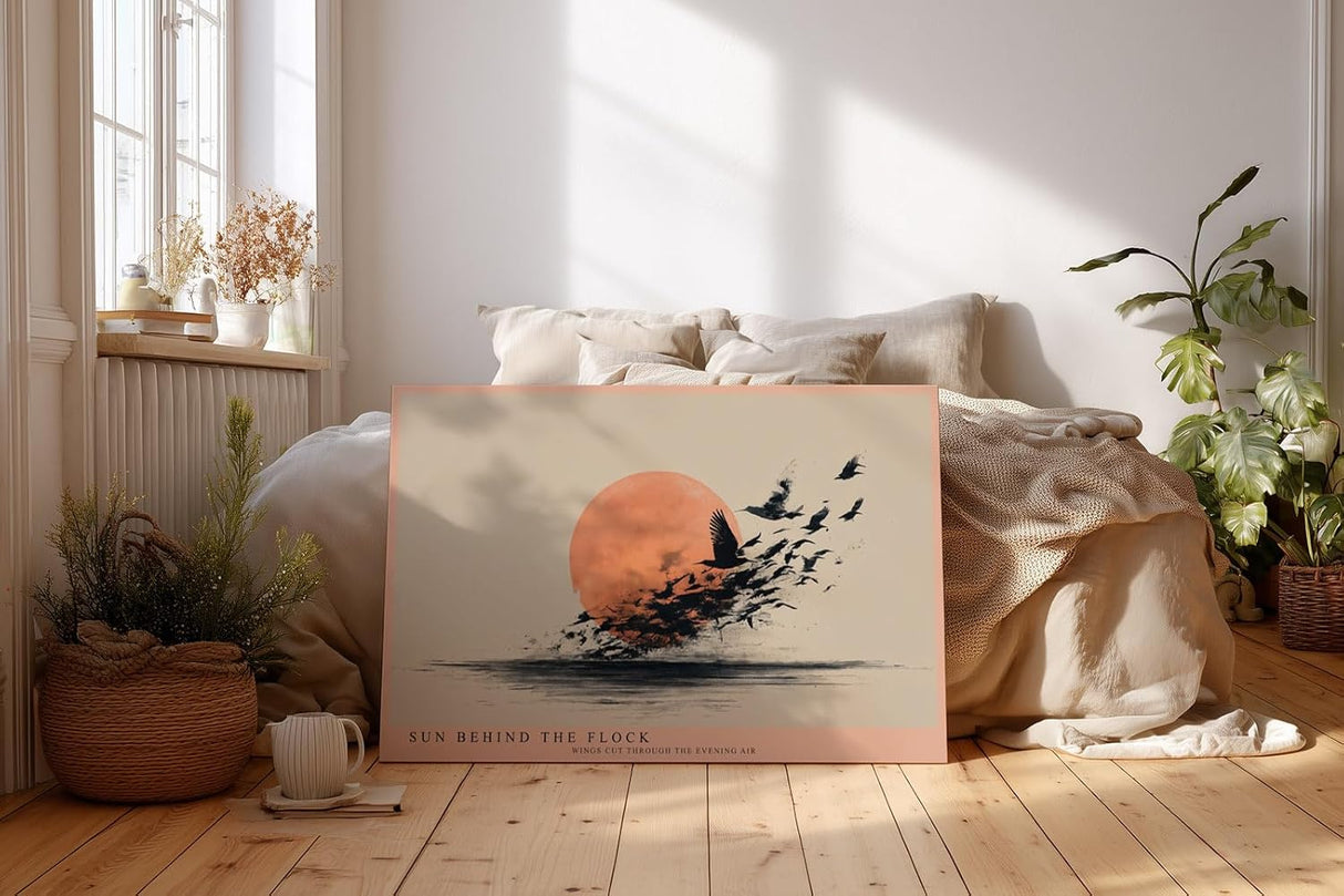 Paul Sinus Wandbild 120x80cm Vogelschwarm vor Abendsonne moderne Natur Illustration minimalistische Landschaft Kunst schwarz beige warmes Sonnenlicht stilvolle