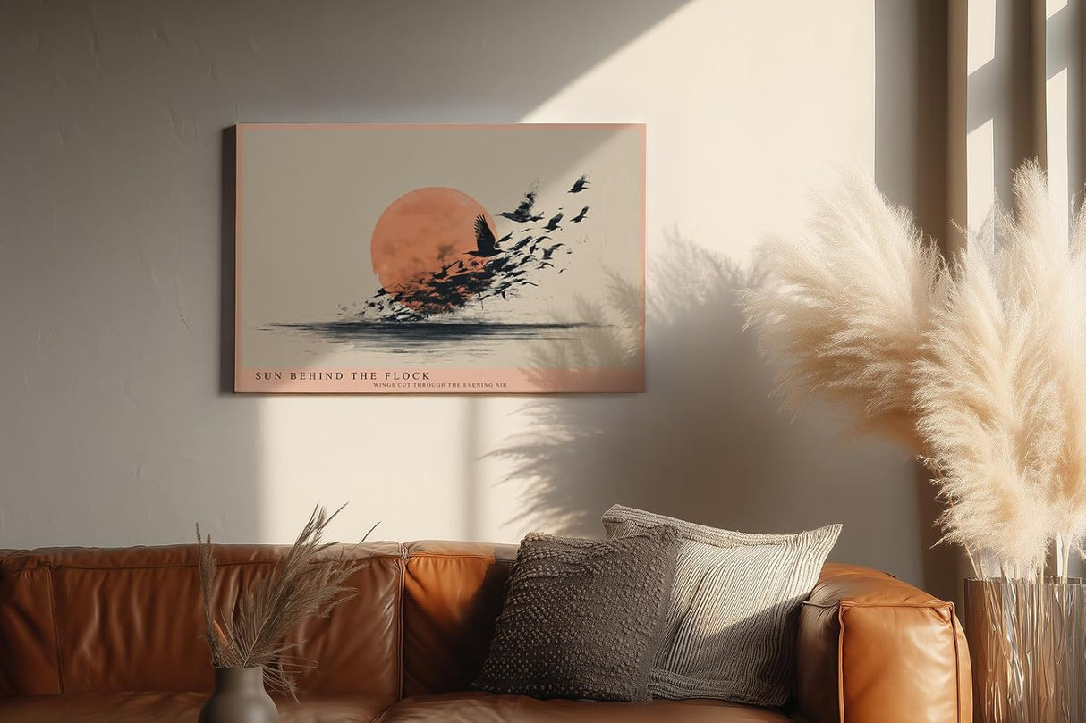 Paul Sinus Wandbild 120x80cm Vogelschwarm vor Abendsonne moderne Natur Illustration minimalistische Landschaft Kunst schwarz beige warmes Sonnenlicht stilvolle