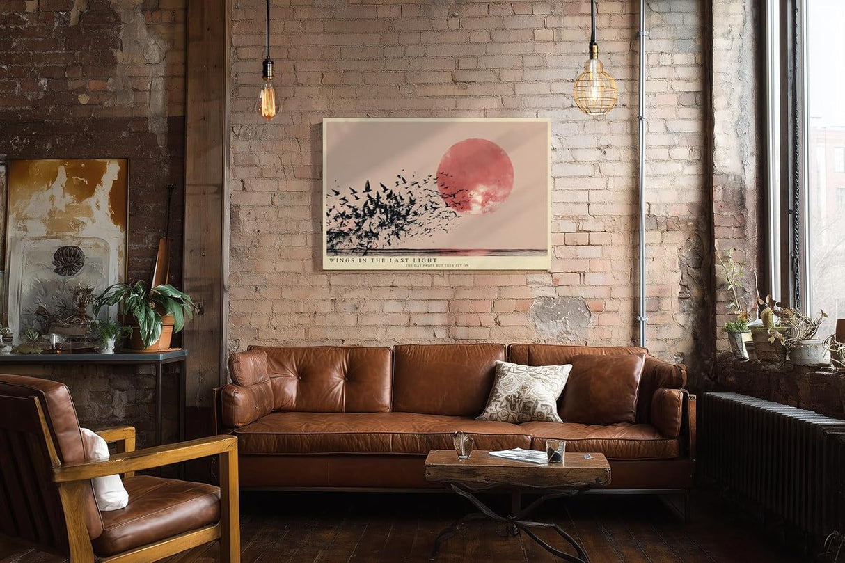 Paul Sinus Wandbild 120x80cm Vogelschwarm vor großer roter Sonne modernes Naturmotiv minimalistische Landschaft Kunst schwarz beige stilvolle