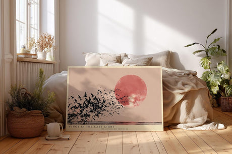 Paul Sinus Wandbild 120x80cm Vogelschwarm vor großer roter Sonne modernes Naturmotiv minimalistische Landschaft Kunst schwarz beige stilvolle