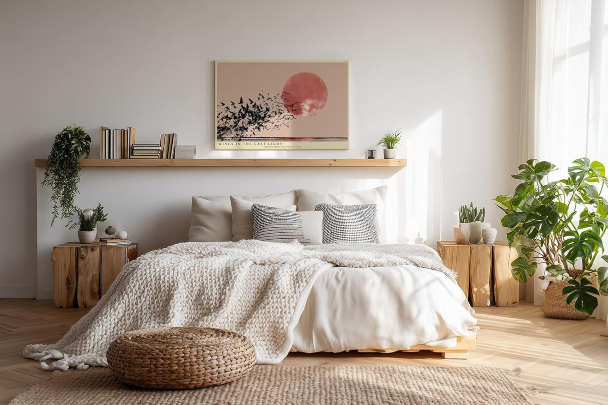 Paul Sinus Wandbild 120x80cm Vogelschwarm vor großer roter Sonne modernes Naturmotiv minimalistische Landschaft Kunst schwarz beige stilvolle