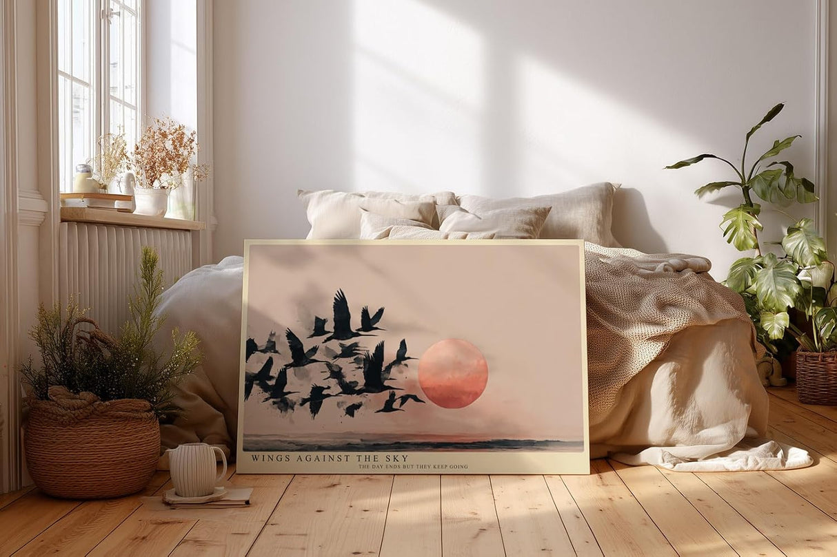 Paul Sinus Wandbild 120x80cm Vogelschwarm vor roter Sonne moderne Landschaft Illustration minimalistische Naturkunst schwarz beige stilvolle