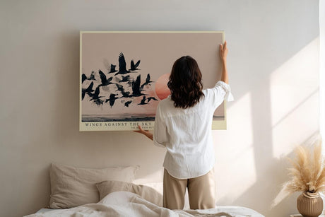 Paul Sinus Wandbild 120x80cm Vogelschwarm vor roter Sonne moderne Landschaft Illustration minimalistische Naturkunst schwarz beige stilvolle