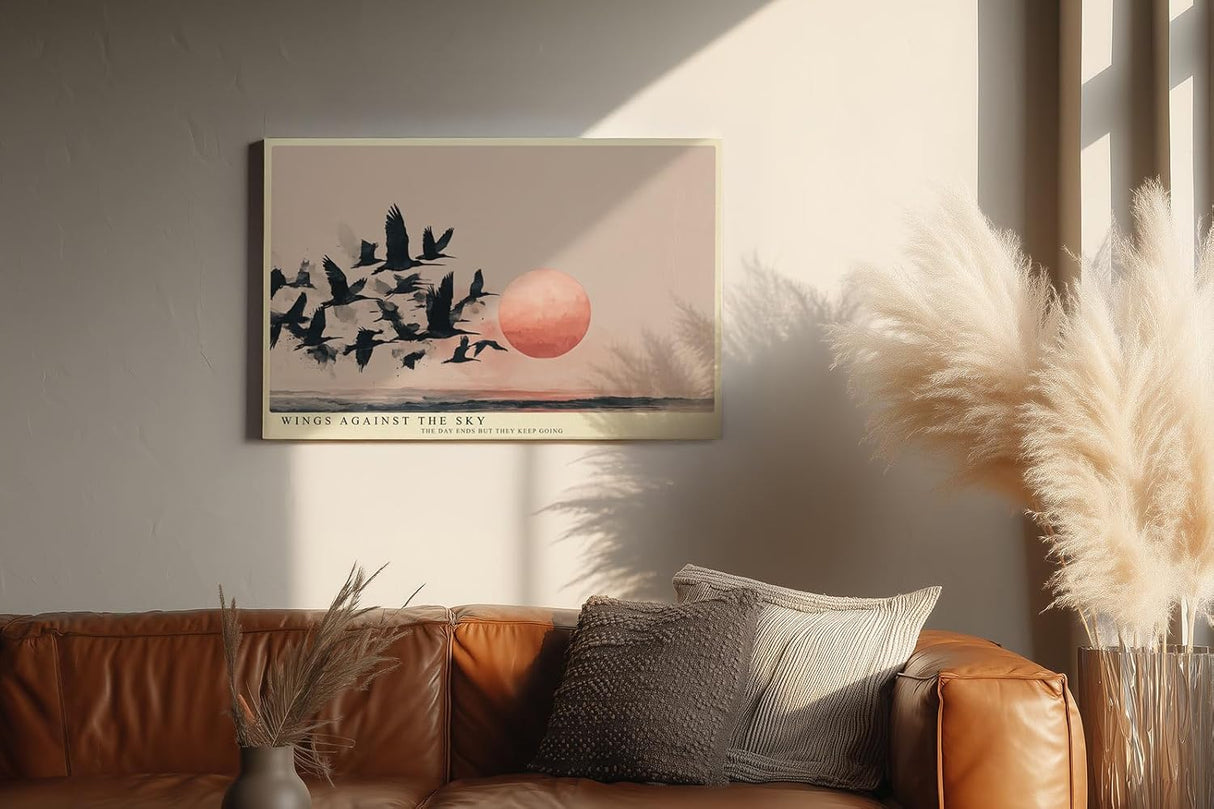 Paul Sinus Wandbild 120x80cm Vogelschwarm vor roter Sonne moderne Landschaft Illustration minimalistische Naturkunst schwarz beige stilvolle