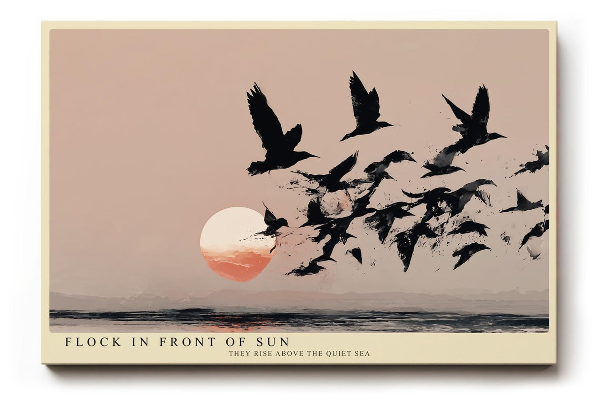Paul Sinus Wandbild 120x80cm Vogelschwarm vor Sonnenuntergang minimalistische Landschaft Kunst schwarz beige roter Horizont modernes Naturbild stilvolle