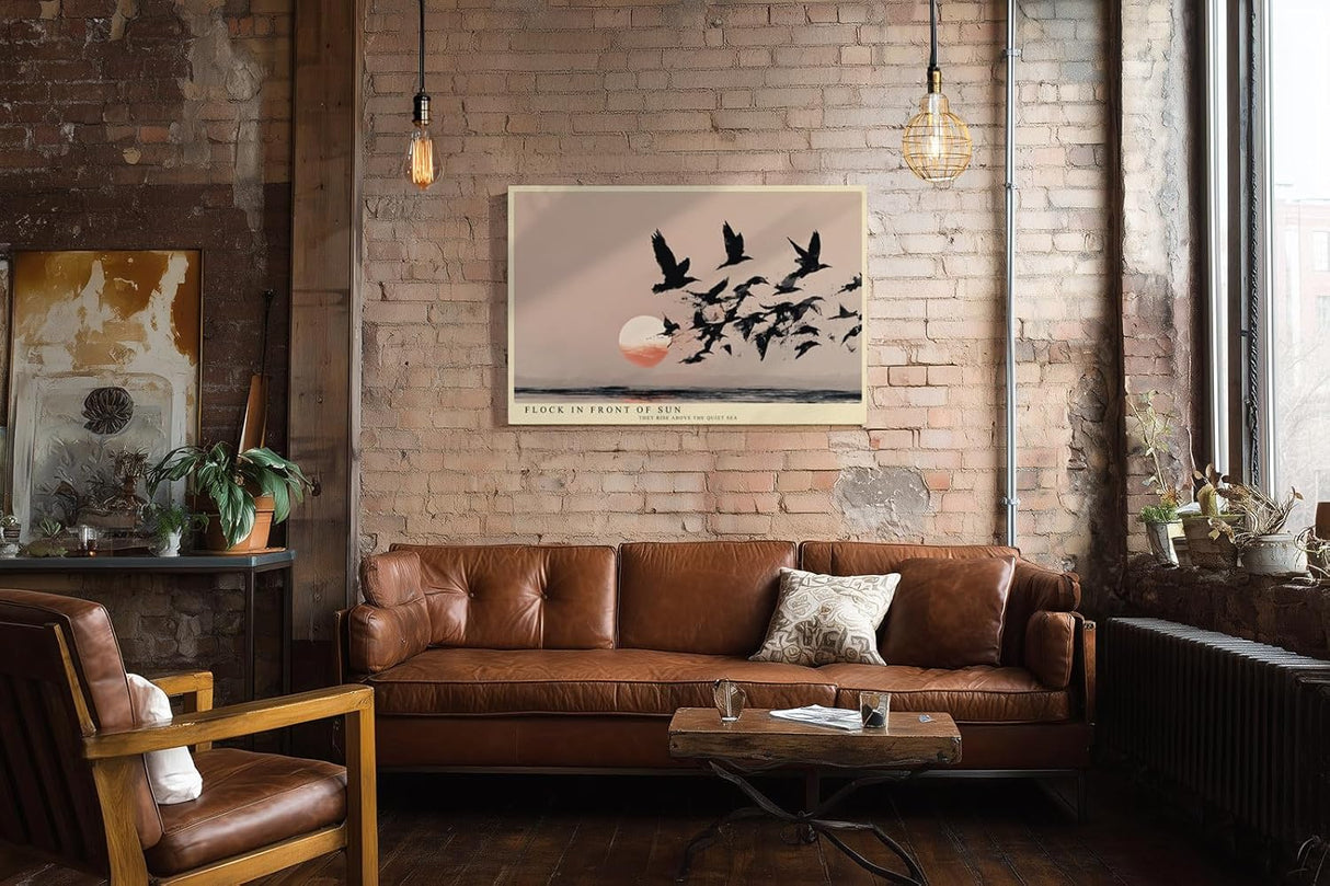 Paul Sinus Wandbild 120x80cm Vogelschwarm vor Sonnenuntergang minimalistische Landschaft Kunst schwarz beige roter Horizont modernes Naturbild stilvolle