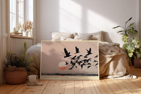 Paul Sinus Wandbild 120x80cm Vogelschwarm vor Sonnenuntergang minimalistische Landschaft Kunst schwarz beige roter Horizont modernes Naturbild stilvolle