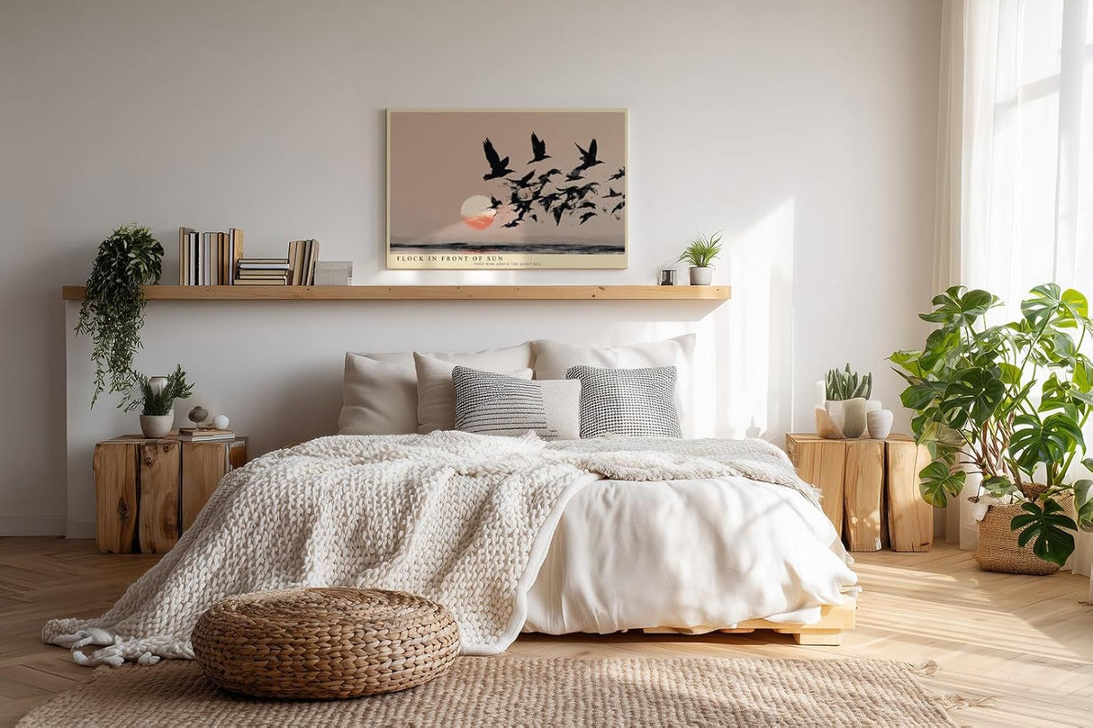 Paul Sinus Wandbild 120x80cm Vogelschwarm vor Sonnenuntergang minimalistische Landschaft Kunst schwarz beige roter Horizont modernes Naturbild stilvolle