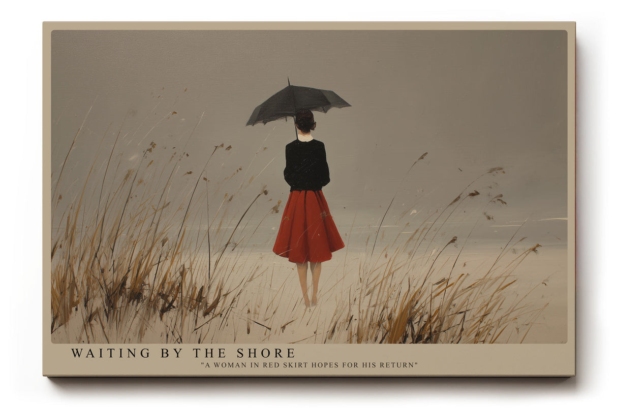 Paul Sinus Wandbild Waiting by the Shore – Die Frau am grauen Strand mit rotem Rock