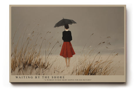 Paul Sinus Wandbild Waiting by the Shore – Die Frau am grauen Strand mit rotem Rock