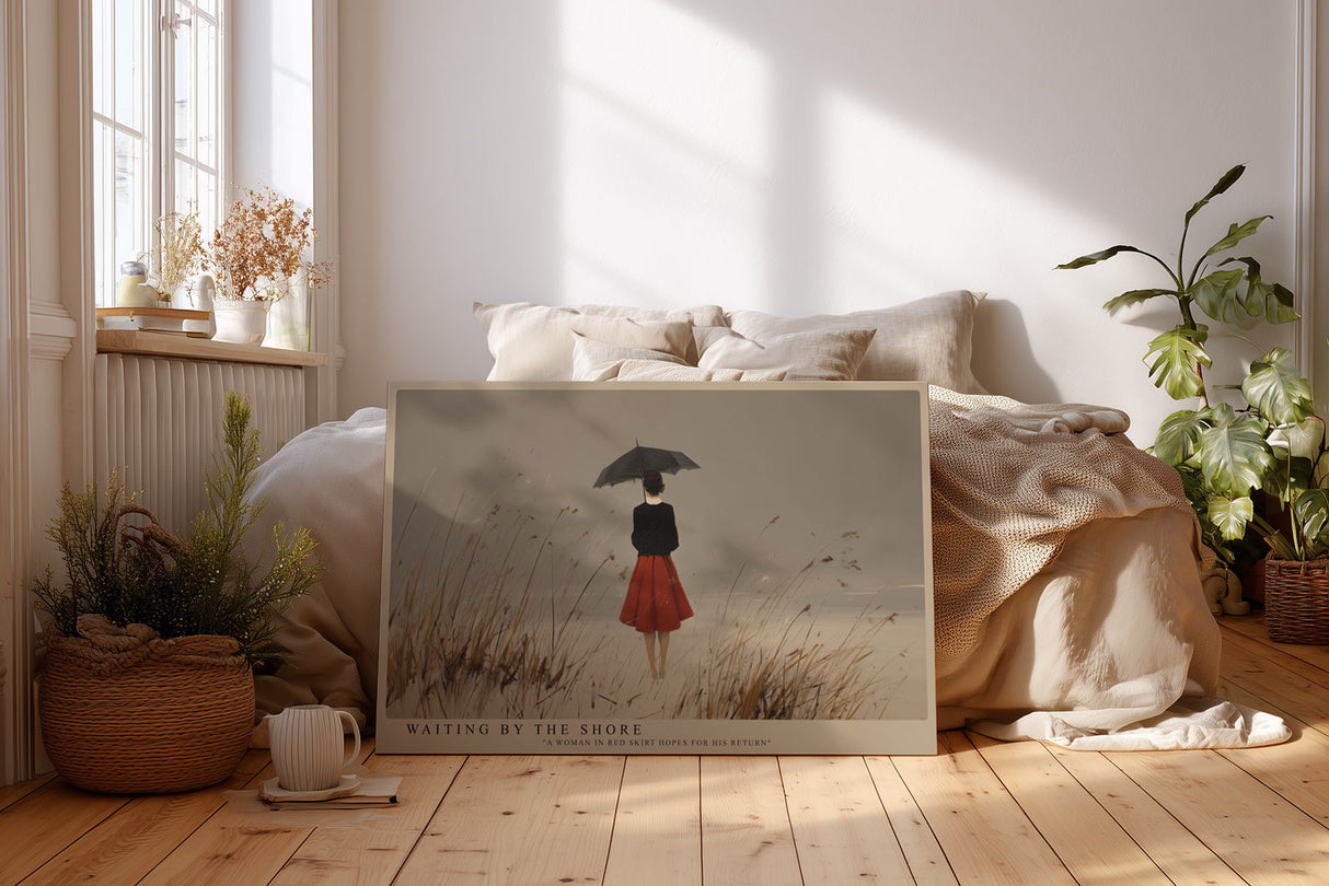Paul Sinus Wandbild Waiting by the Shore – Die Frau am grauen Strand mit rotem Rock