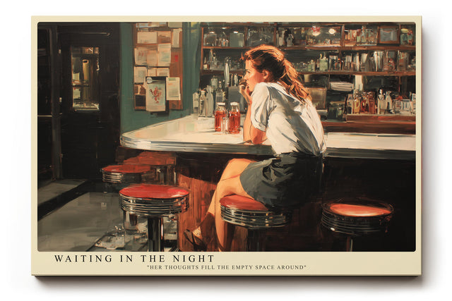 Paul Sinus Wandbild Waiting in the Night – Frau an einer Bar im warmen Licht symbolisiert Nachdenklichkeit, Einsamkeit und urbane Melancholie
