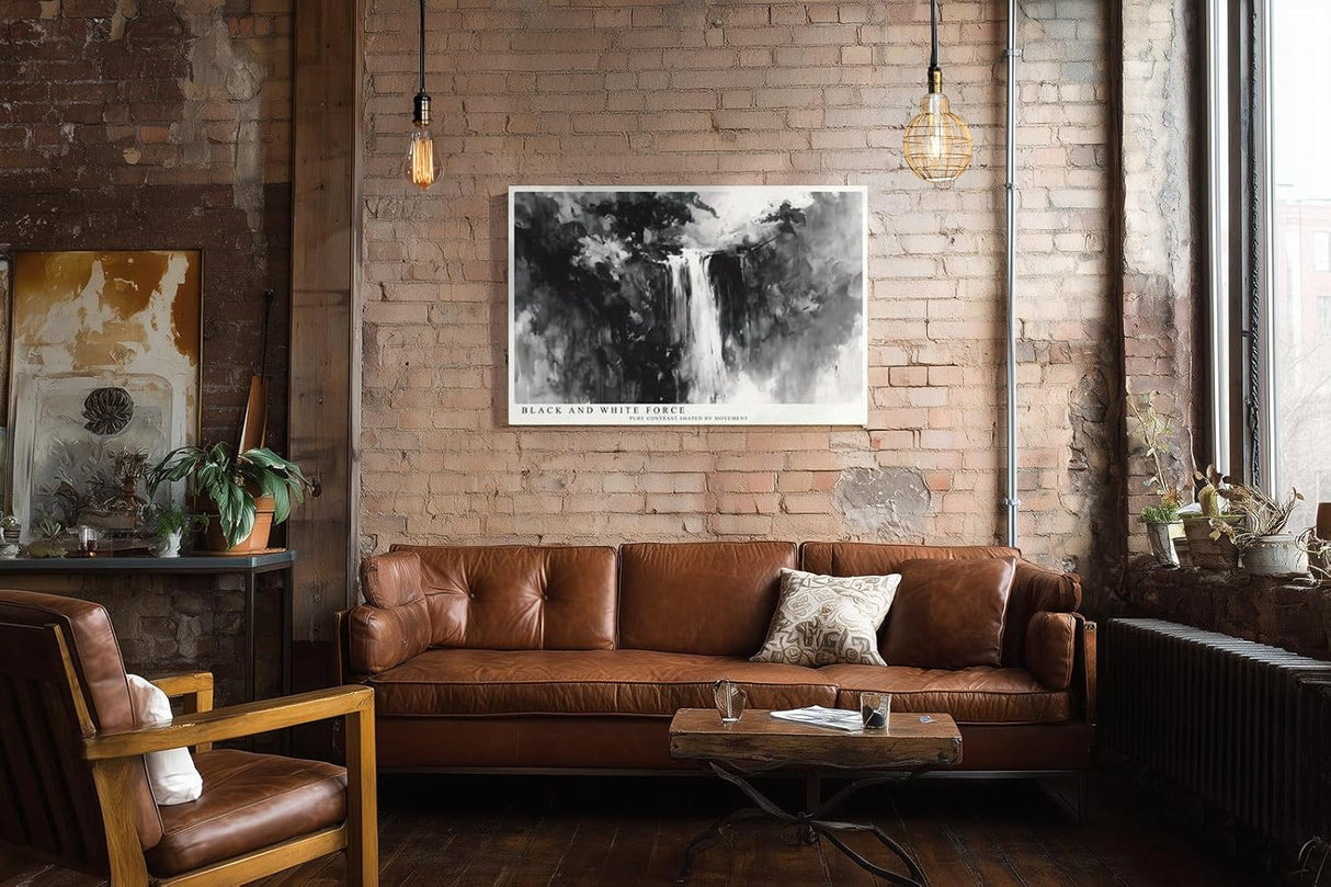 Paul Sinus Wandbild 120x80cm Wasserfall abstrakte Landschaft schwarz weiss moderne Naturmalerei minimalistisches Kunstbild stilvolle Wanddekoration fuer Wohnzimmer Büro
