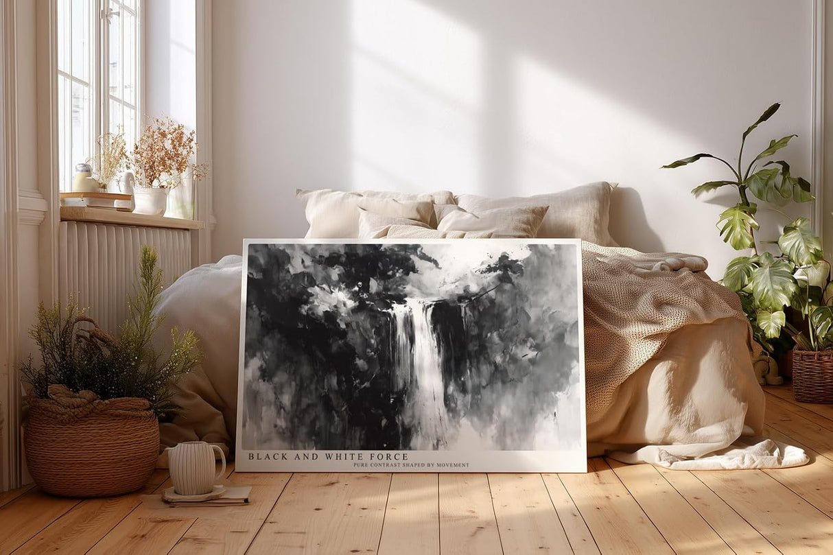 Paul Sinus Wandbild 120x80cm Wasserfall abstrakte Landschaft schwarz weiss moderne Naturmalerei minimalistisches Kunstbild stilvolle Wanddekoration fuer Wohnzimmer Büro
