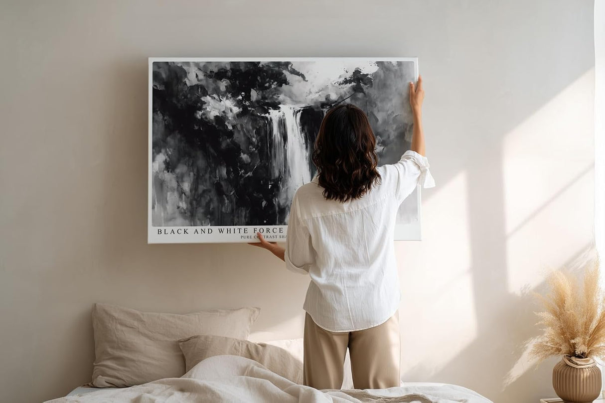 Paul Sinus Wandbild 120x80cm Wasserfall abstrakte Landschaft schwarz weiss moderne Naturmalerei minimalistisches Kunstbild stilvolle Wanddekoration fuer Wohnzimmer Büro