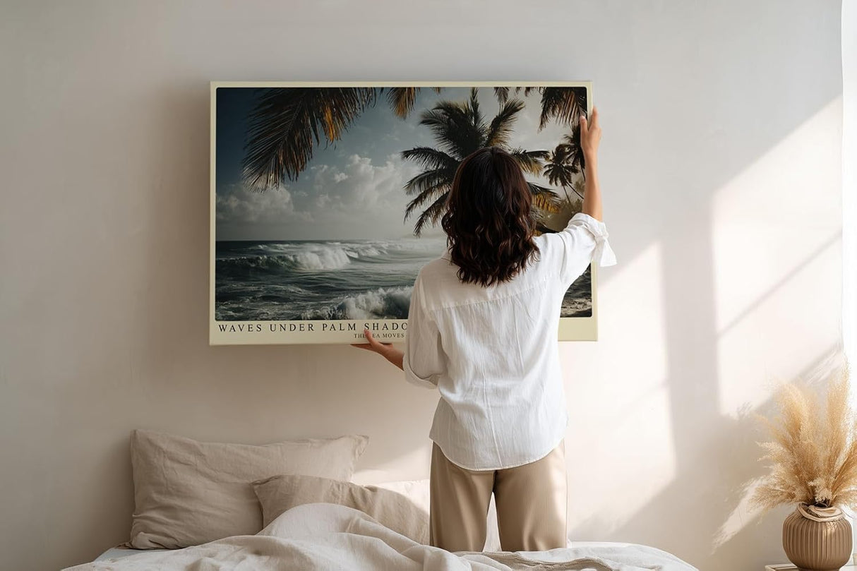 Paul Sinus Wandbild 120x80cm Waves Under Palm Shadow tropischer Strand mit Palmen und Wellen Natur Landschaft Poster für Wohnzimmer Schlafzimmer Büro