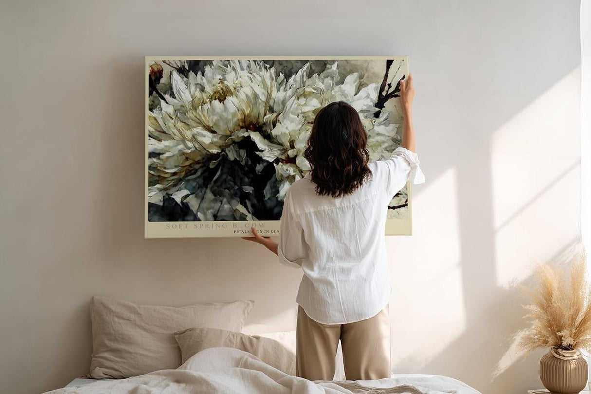 Paul Sinus Wandbild 120x80cm weisse Blueten elegante Blumenmalerei moderne florale Kunst Leinwand Wanddekoration stilvolles Blumenmotiv fuer Wohnzimmer