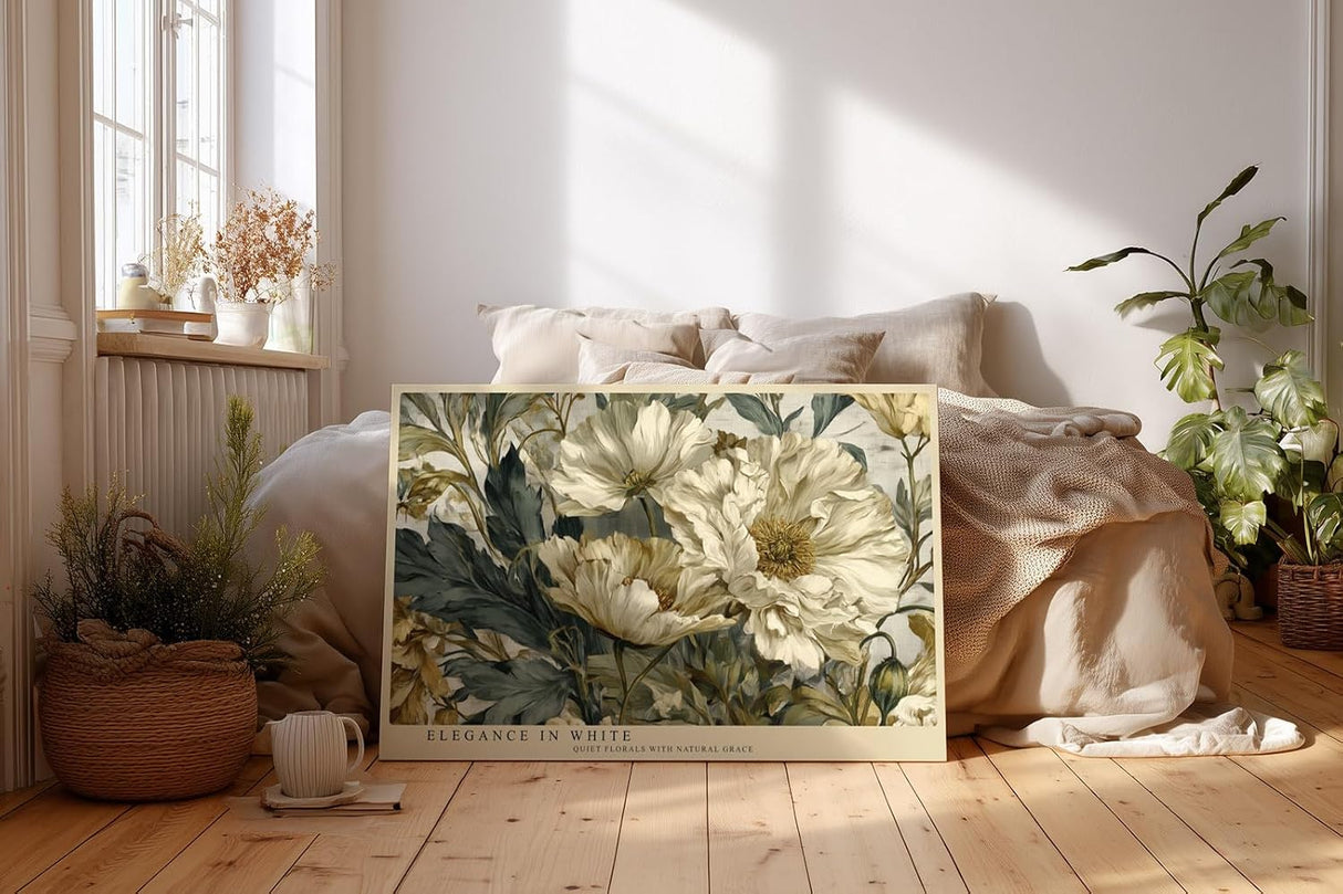 Paul Sinus Wandbild 120x80cm weisse Blumen elegante Naturmalerei florale Kunst beige gruene Toene stilvolle Wanddekoration fuer Wohnzimmer Büro