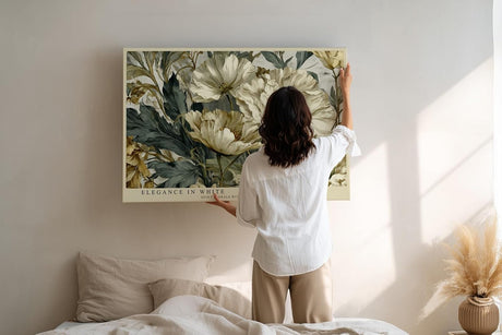 Paul Sinus Wandbild 120x80cm weisse Blumen elegante Naturmalerei florale Kunst beige gruene Toene stilvolle Wanddekoration fuer Wohnzimmer Büro
