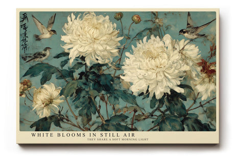 Paul Sinus Wandbild 120x80cm Weiße Chrysanthemen mit Vögeln Klassische Natur Kunst in Blau Grün und Creme für Wohnzimmer Schlafzimmer Büro