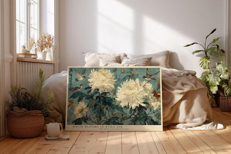 Paul Sinus Wandbild 120x80cm Weiße Chrysanthemen mit Vögeln Klassische Natur Kunst in Blau Grün und Creme für Wohnzimmer Schlafzimmer Büro